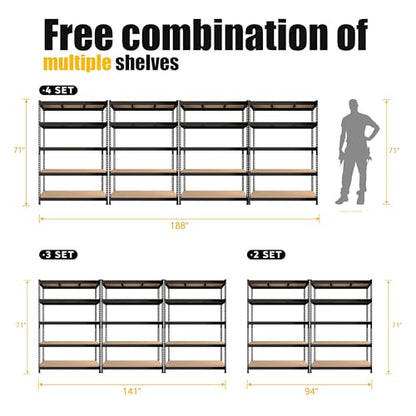 PrimeZone Heavy Duty Storage Shelves - 47"W x 18"D x 71"H 5 Tier Adjustable Garage Storage Shelving, Metal Storage Utility Rack Organizer Shelf Unit for Warehouse Pantry Closet Kitchen Basement, Black - size: 47"W x 18"D x 71"H