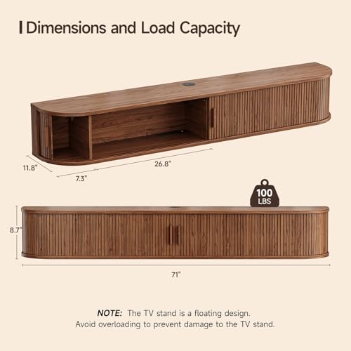 71" Floating TV Stand with Power Outlet for TVs up to 80", Fluted Entertainment Center with Remote Control for LED Lights, Mid-Century Modern TV Console w/Sliding Door for Living Room, Bedroom Walnut - color: Walnut, size: 71IN