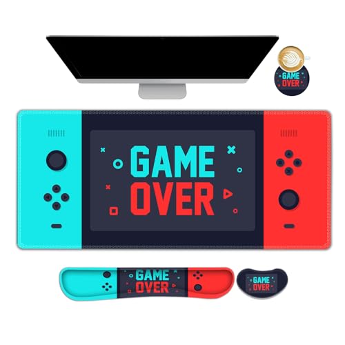 ARTSO Large Gaming Mouse Pad, Keyboard Wrist Rest Pad & Wrist Support Mousepad Set, Stitched Edge, Extended, Non-Slip Base, Memory Foam Desk Mat, Green Red Game Console - color: Green Red Game Console