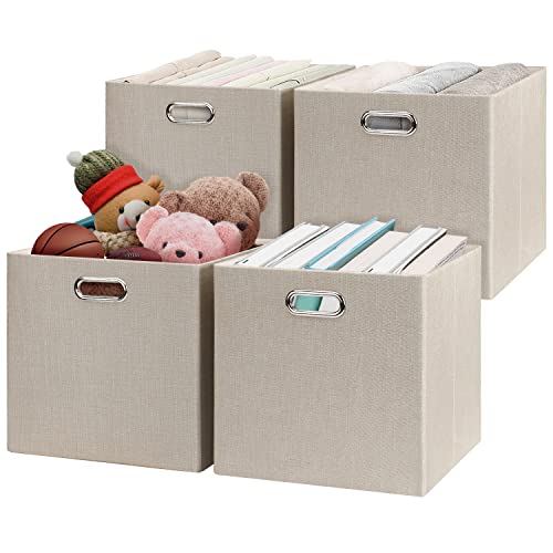 Posprica Collapsible Storage Cubes,11×11×11 Fabric Storage Bins Containers Drawers,4pcs, Beige - color: Beige, size: 11×11×11/4pcs