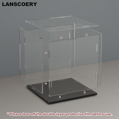 LANSCOERY Acrylic Display Case, 9 x 9 x 9 in Clear Display Box with 2mm Panels, Black Base for Building Block Models and Figurines - color: Black, size: 9x9x9inch; 23x23x23cm