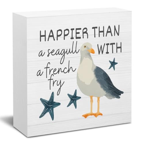 Happy Summer Sign Decor Summer Decorations for Home Funny Seagull Wooden Box Sign Desk Accessories Home Office Beach House Bedroom Bathroom Decor 5 X 5 Inch - color: Happier