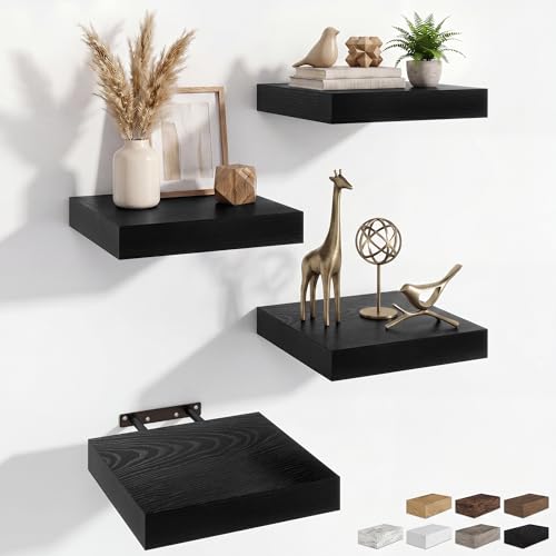 RICHFOCUS 8 Inch Floating Shelves for Wall Small Square Shelves Set for Bedroom|Kitchen|Bathroom|Laundry Room Rustic Wood Wall Mounted Shelf with Invisible Brackets for Books|Storage|Decor, Black - color: Black, size: 8"L x 8"D, Set of 4