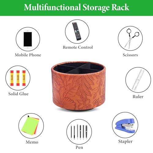 Round Leather Art Supply Organizer,Remote Control Holder,360 Degree Spinning,Multi-Functional Pencil Holder,4 Compartments Desktop Stationary Organizer(1-Carved Brown) - color: 1-Carved Brown