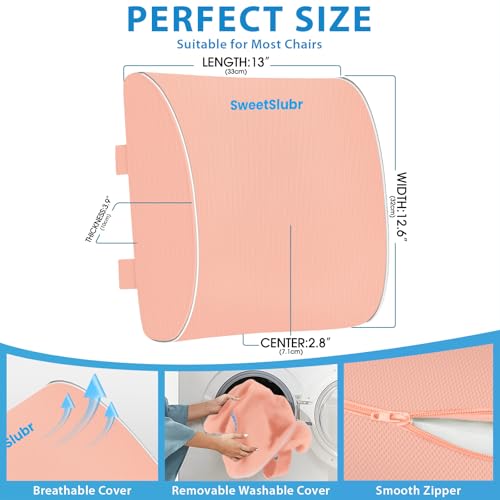 SweetSlubr Lumbar Support Pillow for Office Chair, Car & Gaming Chair, Ergonomic Memory Foam Cushion for Back Comfort, Zoned Back Support, Double Adjustable Straps, Breathable Washable Cover, Pink - color: Pink, size: Large