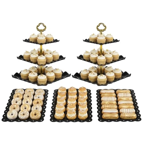 NWK 5 Piece Cake Stand Set with 2 x Large 3-Tier Cupcake Stands, 3 x Appetizer Trays, for Wedding Birthday Baby Shower Tea Party Decorations (Black) - color: Black