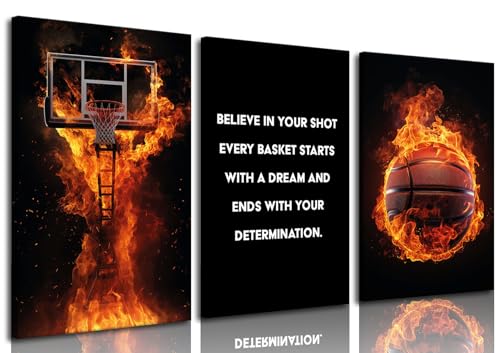 3Pcs Basketball Canvas Wall Art Basketball Court Black Wall Decor Picture flame Basketball Inspirational Quotes Poster Print Artwork for Gym Teen Boys Room Decortion 12x16in Framed - color: Canvns, size: 12x16in