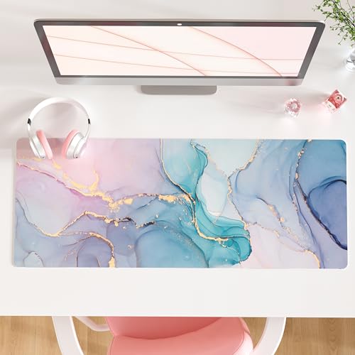 QIYI Large Mouse Pad, PU Leather Desk Mat for Desktop, Waterproof Gaming Pad, Marble Full Desk Accessories Keyboard Mousepad, Abstract Art Home Office Décor 31.5" x 11.8" - Blue Pink Fluid - color: Blue Pink Fluid, size: 31.5" x 11.8"