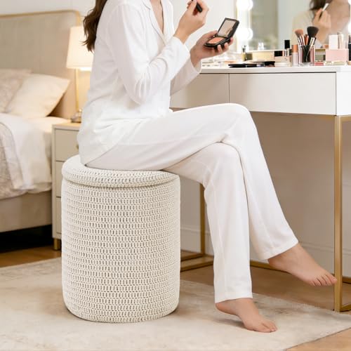 Wimarsbon Pouf Ottoman, 100% Cotton Knitted Boho Footstool, Round Footrest with Non-Skid Wood Legs, Home Décor Handmade Pouffe, Leisure Floor Step Stool for Living Room (14inch White Storage Ottoman) - color: 14inch White Storage Ottoman