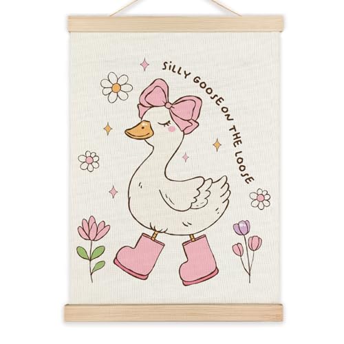 LZYRF Silly Goose On The Loose Wall Art, Coquette Pink Bow Floral Aesthetic Goose Canvas Prints Wall Decor for Girls Room Bedroom Dorm Nursery Playroom, 12x16 Inch - color: silly goose on the loose, size: 16"L x 12"W