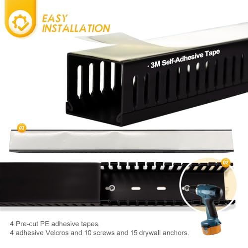 Cable Raceway, 95" Open Slot Cable Management Kit with Upgraded Snap Structure,Wire Cover Cord Hider for Under Desk&Industrial Network/PC/TVs- 23.6" X 1.97" X 2.4" X 4PCS (LWH,Black)