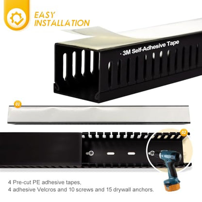 Cable Raceway, 95" Open Slot Cable Management Kit with Upgraded Snap Structure,Wire Cover Cord Hider for Under Desk&Industrial Network/PC/TVs- 23.6" X 1.97" X 2.4" X 4PCS (LWH,Black)