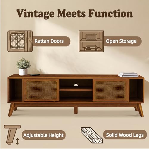 LKTART 68 Inch Mid Century Modern TV Stand with Rattan Doors,MCM Entertainment Center Media Console for 60/65/70/75 inch TVs,Long Boho Television Stand for Living Room,Light Walnut - color: 68" Light Walnut