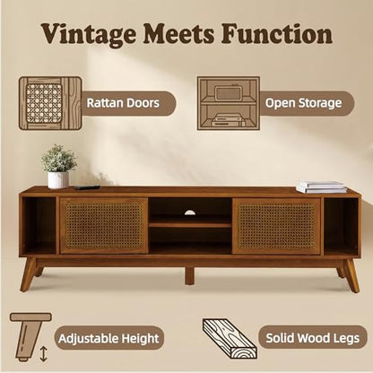 LKTART 68 Inch Mid Century Modern TV Stand with Rattan Doors,MCM Entertainment Center Media Console for 60/65/70/75 inch TVs,Long Boho Television Stand for Living Room,Light Walnut - color: 68" Light Walnut