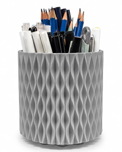 Lebenrich Rotating Pen Pencil Holder for Desk, 5 Slots Unique Grey Desk Pen Organizer Easthetic Desktop Supplies and Accessories for Women Girls, Pen Cup Pencil Caddy for Office Home Art Supply - color: Grey