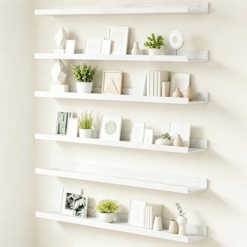 upsimples Floating Shelves for Wall, 47.3 Inch Shelves for Decor Storage Set of 6, Wall Mounted Wood Shelf for Bedroom, Living Room, Bathroom, Kitchen, Long Picture Ledge Shelves, White - color: White, size: 47.3in