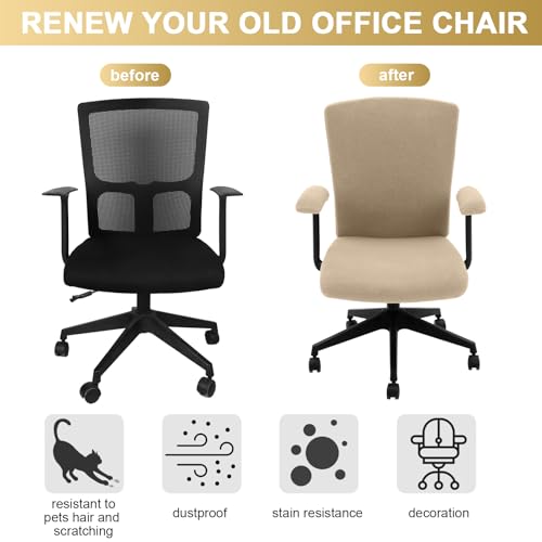 Tallew 4 Pcs Office Chair Covers Set Computer Universal Stretchable Protective Chair Seat Covers Desk Armrest Slipcovers Pads Office Cushion Backrest for Rotating(Khaki) - color: Khaki