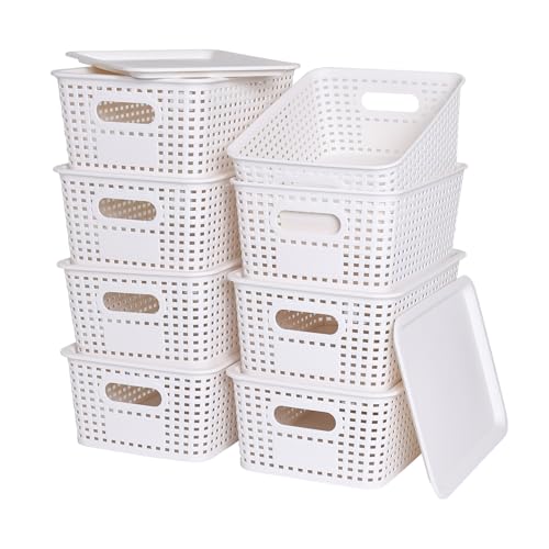 Plastic Storage Baskets with Lid-Plastic Storage Containers Stackable Storage bins: Storage Baskets for Organizing Shelves Drawers Desktop Closet Playroom Classroom Office,8 Pack-White10.2x7.2x4.1Inch - color: White