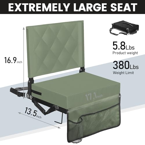 Sheenive Green Stadium Seats for Bleachers with Back Support, Padded Soft Comfy Backs and Cushion, Wide, Portable Folding Comfort Chair with Shoulder Strap, Perfect for Sports Events - color: Green