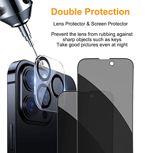 PEHAEL 2+2 Pack for iPhone 14 Pro Privacy Screen Protector with Camera Lens Protector Full Coverage Anti-Spy Tempered Glass Film 9H Hardness Easy Installation Bubble Free [6.1 inch]