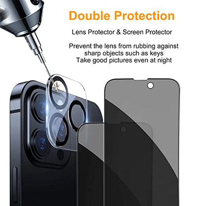PEHAEL 2+2 Pack for iPhone 14 Pro Privacy Screen Protector with Camera Lens Protector Full Coverage Anti-Spy Tempered Glass Film 9H Hardness Easy Installation Bubble Free [6.1 inch]