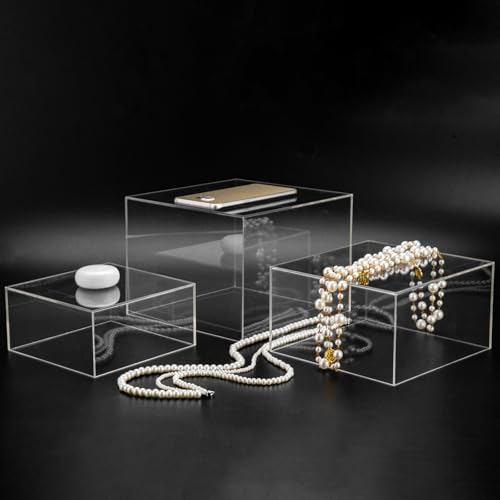 Clisela 3pcs Acrylic Cube Display Stands Box Risers Clear 6" 7" 8" | Food Risers for Buffet Table w/Hollow Bottoms, Decorative Display Stand Shelf for Dessert Collectibles Jewelry Figures Show - size: (6,7,8)"- Clear