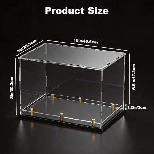 Acrylic Display Case for Collectibles, Dustproof Acrylic Box with Clear Display Elevation & Gold Risers, Large Display Case for Figures Toys Memorabilia, 16" L x 8" W x 8" H - size: 16"L x 8"W x 8"H