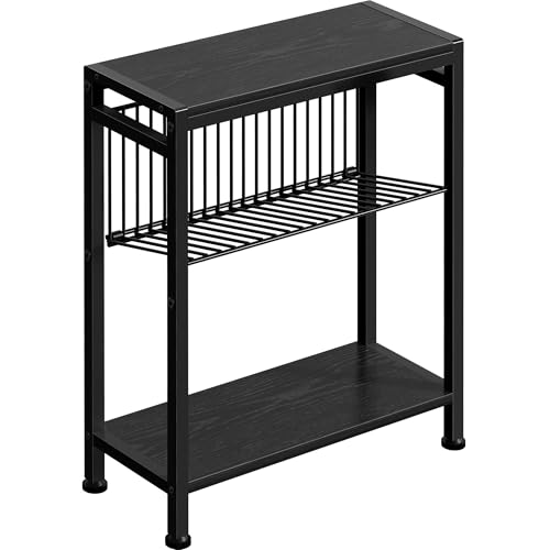 End Table for Small Space, 3-Tier Narrow Side Table with Magazine Holder, Nightstand, Skinny Snack Couch Table in Living Room, Bedroom Study and Balcony (Black) - color: Black