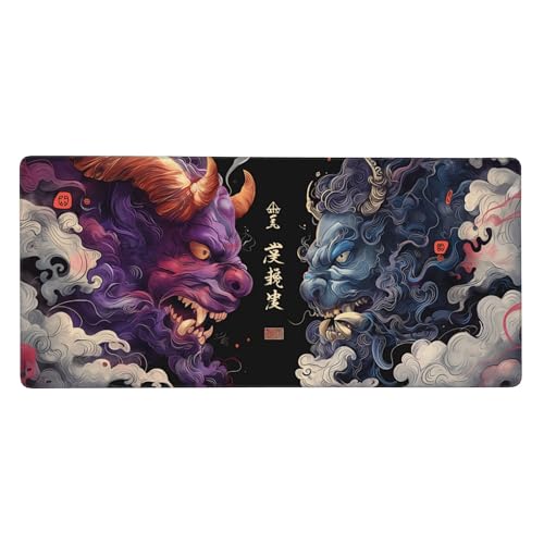 Extended Gaming Mouse Pad, XXL Non-Slip Rubber Base,Waterproof with Stitched Edges, Japanese Demon Design, Ultra-Smooth Cloth Surface, 35.4 x 15.7 Inches - color: Demon