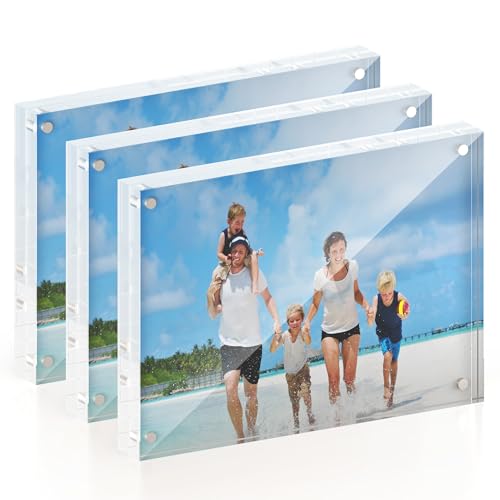 ATZYmolin 5x7 Acrylic Picture Frame 3 Pack, 20mm Thick Magnetic Double Sided Display 20% Thicker- Frameless Clear Transparent Photo Frame for Desktop/Tabletop, Self Standing with Microfiber Cloth - size: 5x7"