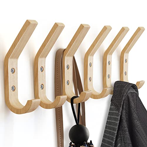 Wooden Coat Hooks Wall Hooks,Natural Oak Wood Hooks Decorative Vintage Wood Wall Hooks Organizer Heavy Duty Wall Mounted Hooks for Hanging Coats, Key, Cap, Cup (6 Pack)