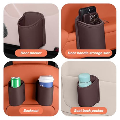 Car Door Cup Holder, Leather Clip On Backseat Pocket Beverage Holder, Waterproof Scratch-Resistant Vehicle Window Cup Holder, Multifunctional Storage for Water Cup Phone Change (Brown) - color: Brown
