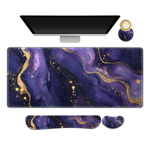 Large Gaming Mouse Pad Set, 4 in1 Ergonomics Keyboard Desk Mat with Memory Foam Wrist Rest, Extended Game Mousepad, Non-Slip Desk Pad Matt Easy Typing Pain Relief I Purple Golden Marble - color: Purple Golden Marble