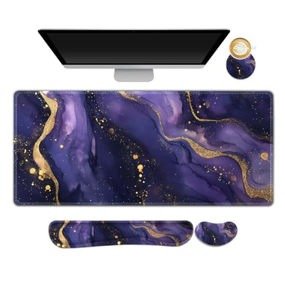 Large Gaming Mouse Pad Set, 4 in1 Ergonomics Keyboard Desk Mat with Memory Foam Wrist Rest, Extended Game Mousepad, Non-Slip Desk Pad Matt Easy Typing Pain Relief I Purple Golden Marble - color: Purple Golden Marble