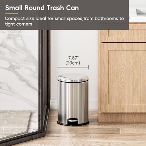 EKO Serene 5L / 1.32 Gallon Step Trash Can with Lid, Small Stainless Steel Round Garbage Can with Removable Inner Bucket, Compact Bin for Powder Rooms, Offices & Tight Bathroom Spaces. - color: Stainless Steel, size: 5L