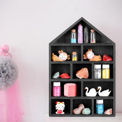Threehoney House Shaped Wooden Shadow Cubby Box Hanging Display Shelf Organizer Wall Mounted Curio Cabinet Wooden Display Case Miniature Shelf for Figures(Black,10 x 15 x 2.24 Inch) - color: Black