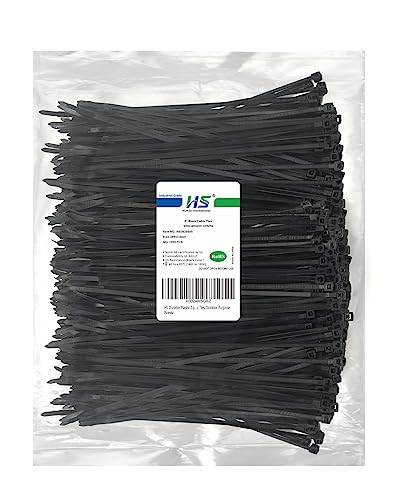 HS Durable Plastic Zip Ties 8 Inch (Bulk-1000 Pack) UV Rated Black Cable Ties 40 Lbs Self-Locking Wire Ties Width 1/8 Inch,Outdoor Purpose - color: Black 8"1000