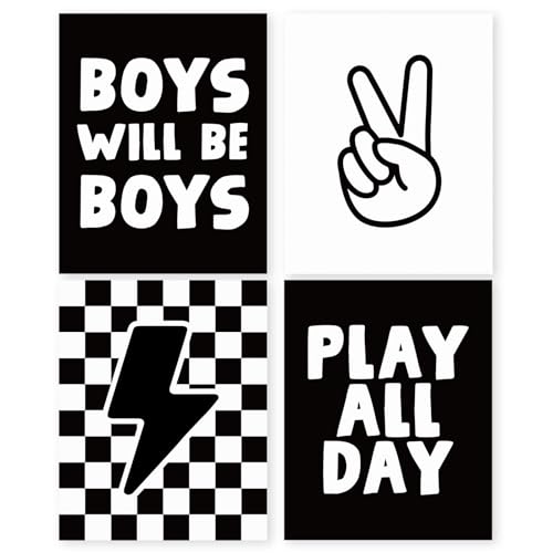 HRQKO Black Boys Room Wall Art Poster Set of 4, Positive Boys Play All Day Posters, Black Checkered Hand Prints for Playroom, 12”x16” Unframed - color: black2, size: 8x10
