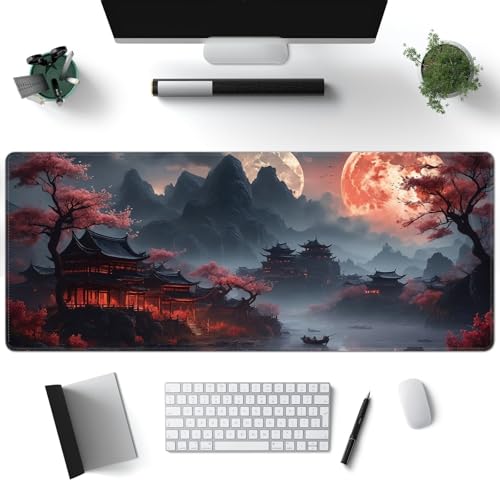 Desk Mat, Japanese Full Moon XXL 35.4"x15.7"Large Gaming Mouse Pad, 3mm Thick Gaming Keyboard Pad,Desk Pad Non-Slip Rubber Base with Stitched Edges for Office Game Home Decor - color: Japanese Full Moon