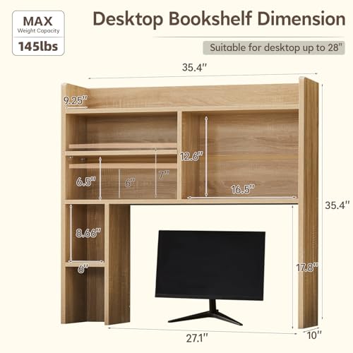 OFCASA Desktop Bookshelf, Countertop Storage Hutch with 7 Shelves for Computer Desk, 35.4'' 3-Tier Display Rack, Multipurpose Wooden Desk Hutch Storage Organizer for Home Office Dorm, Natural - color: Natural