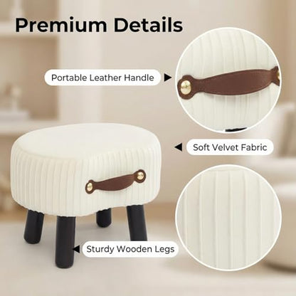 Foot Stools Small, White Ottomon with Handle, Velvet Footrest | Curved Foot Stool with Padded Seat Wooden Legs, Portable Foot Rest for Living Room, Bedroom, Entryway (White) - color: Bright White