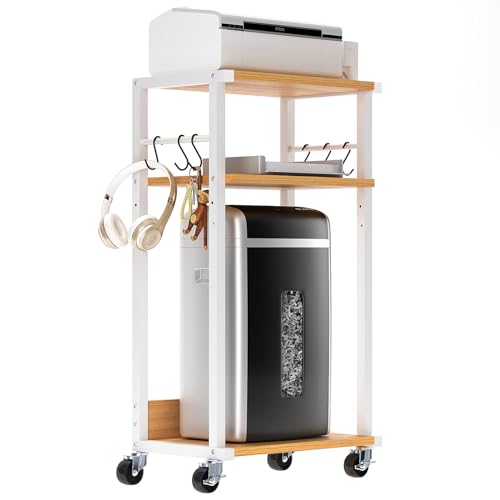 YMYNY Mobile Printer Stand, 3-Tier Printer Cart with Adjustable Storage Shelf and 6 S-Hooks, Tall Printer Table for Home Office, for Computer Tower Stand, Shredder, CPU Stand, Natural, UHPT002N - color: Natural-3 Tiers