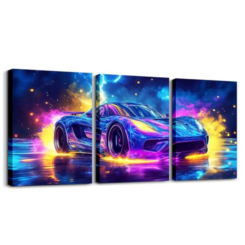 Erosebridal Neon Race Car Canvas Wall Art Set of 3 for Boys,Cool Watercolor Sports Car Wall Art for Kids Boys Girls,Extreme Sports Car Racing Games Poster Prints,Teal Blue Lightning Decor,12x16 - color: Blue Black