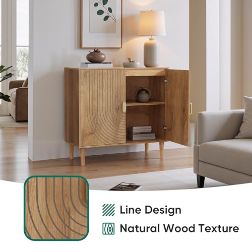 Smuxee Oak Sideboard Cabinet, Freestanding Buffet Cabinet with Line Groove Design, Wood Storage Cabinet with Adjustable Shelf for Living Room, Entryway, Hallway - color: Oak