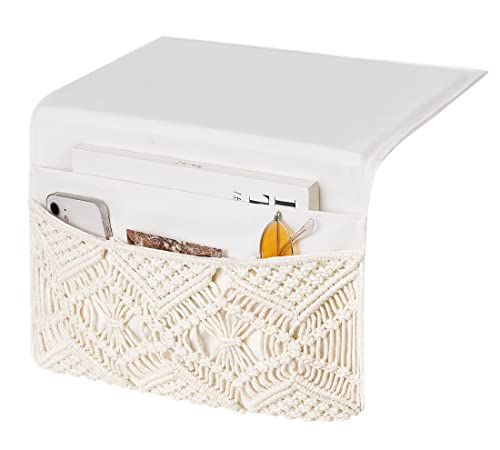 Mkono Macrame Bedside Caddy Storage Organizer Boho Remote Control Tablet Magazine Holder with 4 Pockets Non-slip Countertop Bedside Caddy for Home Bedroom Living Room College Dorm Bed, Ivory - color: Ivory, size: Medium