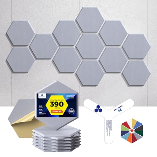 Self-Adhesive Acoustic Panels [390 lbs/yd³ Ultra-High Density], 2nd Generation Sound Absorbing Panel, Professional Level Sound Panel, Polyester Soundproof Foam [Medium Hexagon, Cloud Grey] - color: Cloud Grey, size: Medium Hexagon (12''x10''x0.4'')