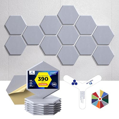 Self-Adhesive Acoustic Panels [390 lbs/yd³ Ultra-High Density], 2nd Generation Sound Absorbing Panel, Professional Level Sound Panel, Polyester Soundproof Foam [Medium Hexagon, Cloud Grey] - color: Cloud Grey, size: Medium Hexagon (12''x10''x0.4'')