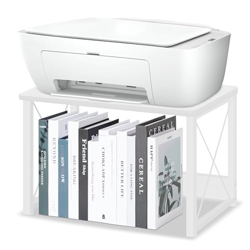 ELITEROO Desktop Printer Stand with Storage, Printer Stand Shelf Desk Organzier for Home/Office, Modern Wood Printer Riser Under Desk Small Table for Printer Fax Machine Copier Scanner (White) - color: White
