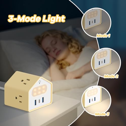 Handy Power Strip with Night Light - Yolk-Yellow Power StripOverload Protection Plug- 20W USB C Charging Station - 4 Outlets + 3 USB Ports for Desk, Nightstand, Couch, Makeup, Electronic Accessories - color: Yolk-Yellow