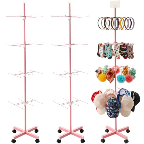 Ripeng 2 Pcs 4-tier Rotating Retail Display Stand - Spinning Display Rack with Wheels for Earring Jewelry Keychains - Adjustable Movable Shop Spinner for Vendor Events & Stores Craft Shows, Pink - color: Pink, size: 4 Tier